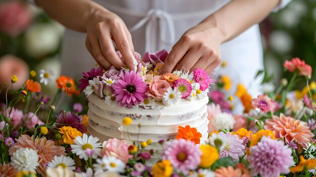 ロマンチックな結婚式のデザート 食べられる花で飾られた伝統的なケーキ