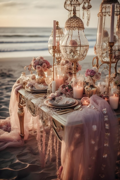 Romantic wedding table on the beach with candles and flowers