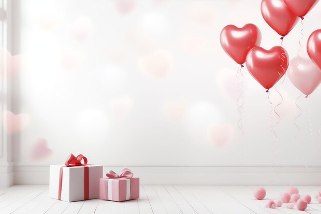 Романтический белый фон комнаты с воздушными шарами, сердцами и подарочной коробкой