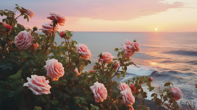 Photo romantic wild flowers pink roses bush on sea beach