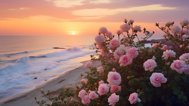 Romantic wild flowers pink roses bush on sea beach
