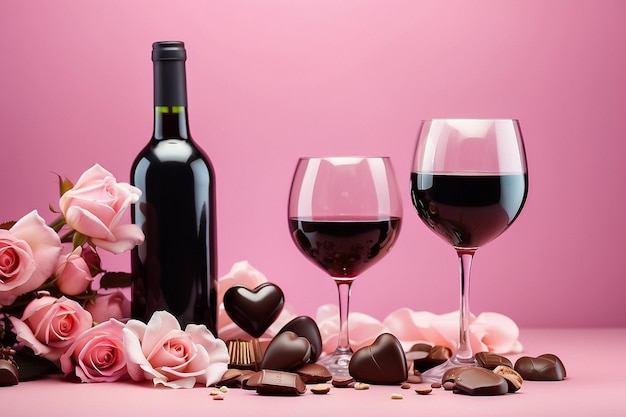 ピンクの背景にロマンチックなワインのワイングラスとチョコレートが置かれています