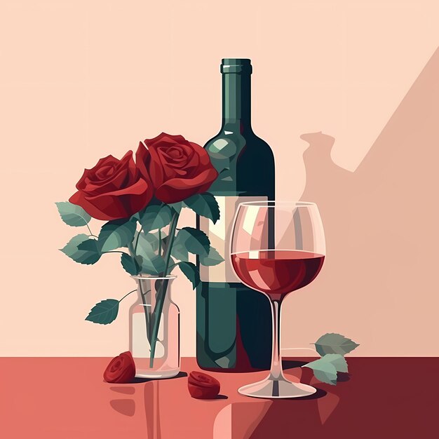 Romantic wine with red roses on a pastel pink background valentine's day romantic