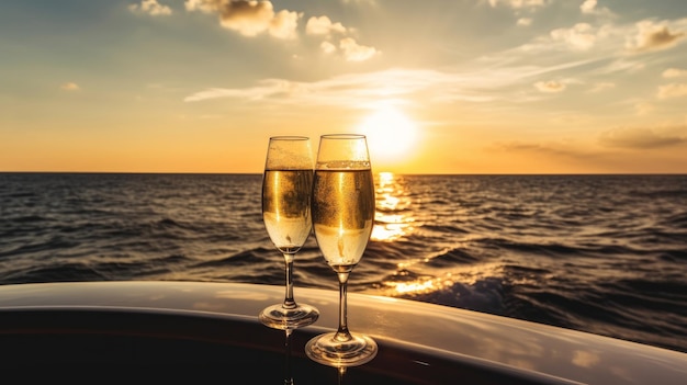 Romantic wine on yacht Illustration AI Generative