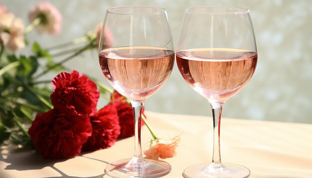 人工知能によって生成された愛と優雅さを祝うテーブル上のロマンチックなワイングラス