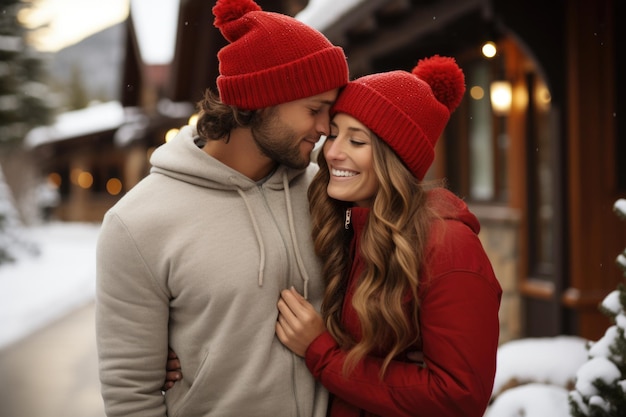 ロマンチックな冬の瞬間 幸せなカップルが雪の外で楽しんでいます クリスマスの季節に一緒にいる喜びを反映する笑顔