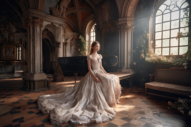 Romantic woman in beautiful dress in palace