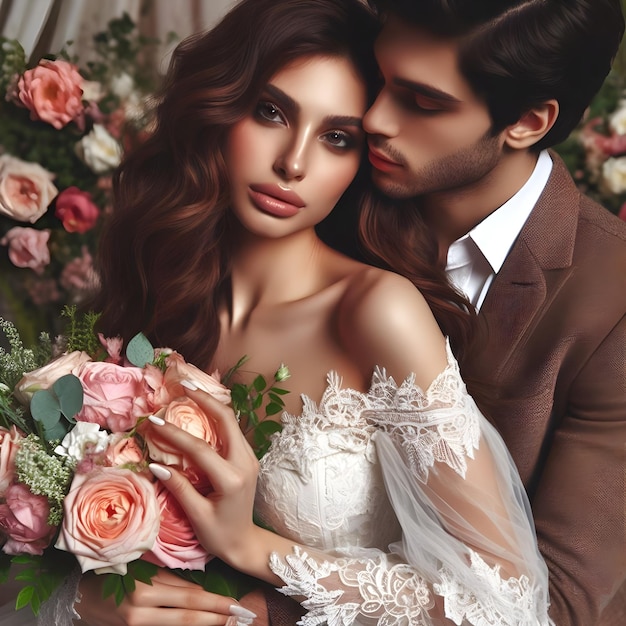 Romantic woman with flowers embracing man