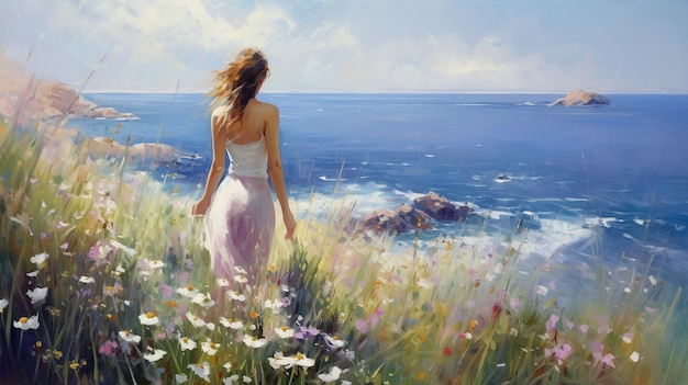 romantic woman with umbrella on wild beach at sea blue sky and green sea on horizon