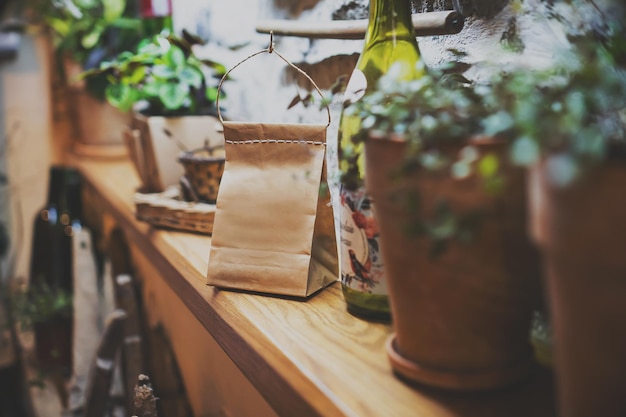 Romantic wooden coffee table Restaurant interior and holiday home decor concept Toned picture