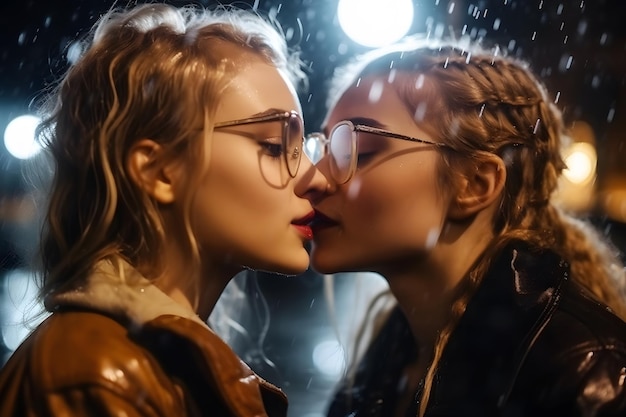 Foto romantico giovane adulto lesbica coppia femminile bacio rete neurale ai generato