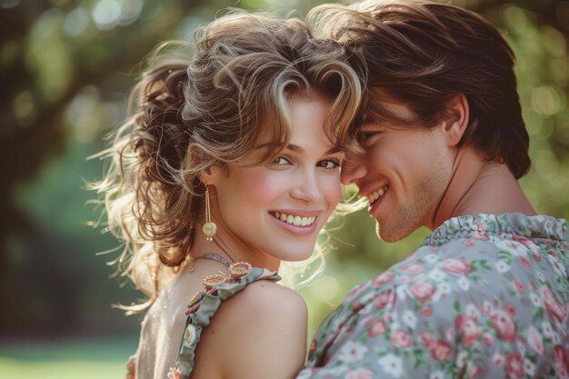 Romantic Young Couple Embracing and Smiling in a Sunlit Garden Displaying Love and Affection