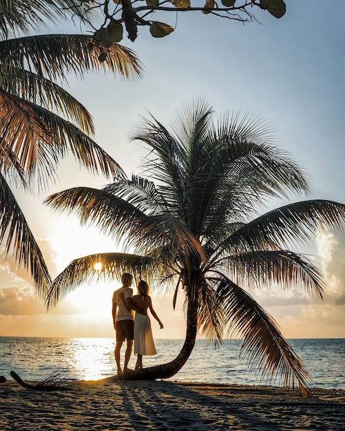 Giovani coppie romantiche insieme sulla bella spiaggia tropicale esotica sotto le palme al tramonto