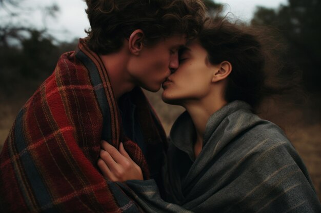 Romantic young couple wrapped in a plaid kissing and embracing each other Generative AI