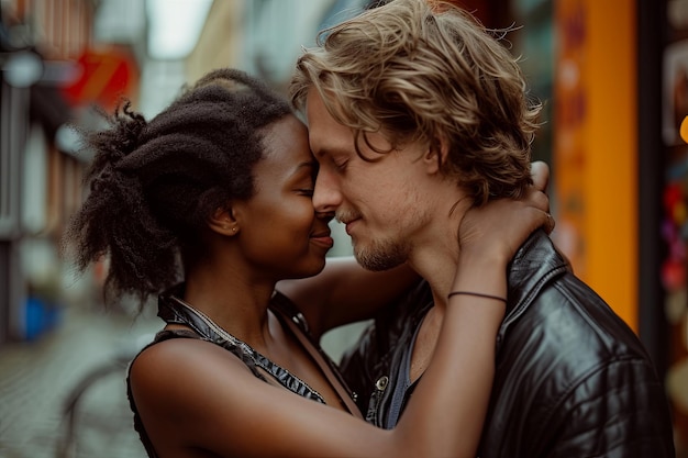 ロマンチックな若い異人種間のカップル笑顔でキスし、通りで抱き合う