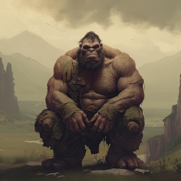 Photo romanticism minimalism the powerful ogre humanoid in a majestic landscape