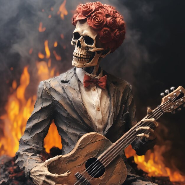 Romanticisme geïnspireerd Skeleton Speelt Gitaar In As