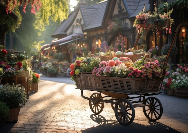 Вдохновленный романтизмом образ тележки для покупок в Черную пятницу на живописном открытом рынке.