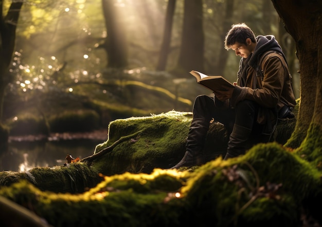 Foto un'immagine ispirata al romanticismo di uno scout seduto su un tronco coperto di muschio che legge una mappa sotto un baldacchino