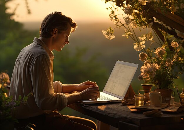 Photo a romanticisminspired photograph of a marketer working outdoors with soft golden hour lighting