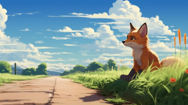 Romanticized Anime Art Fox Sitting In Grass Near Pathway