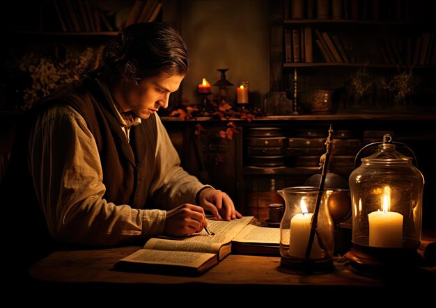 Photo a romanticized image of a cryptographer working in a candlelit room surrounded by antique books