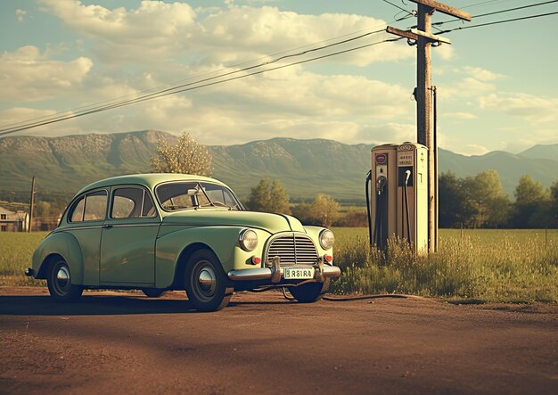 Photo a romanticized photograph of a vintage car refueling in a picturesque countryside setting with