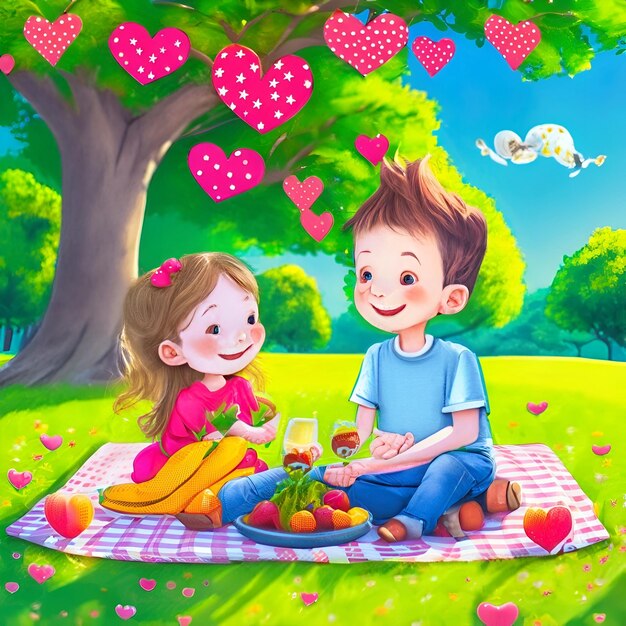 romantiek picknick cartoon stijl illustratie