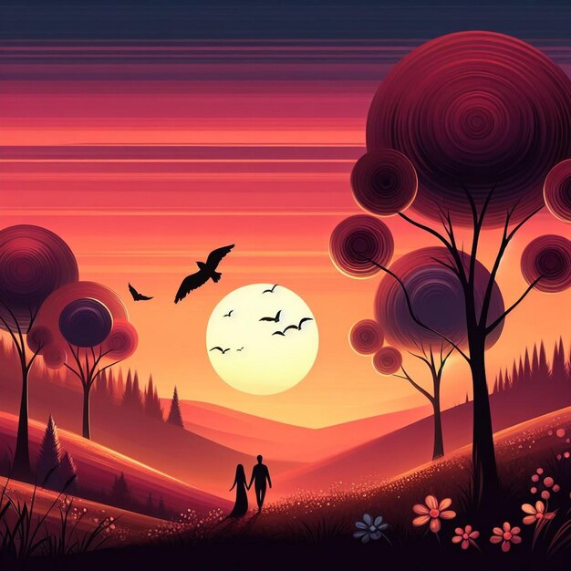 Romantiek Zonsondergang Een prachtige natuur achtergrond Romantische zonsondergang