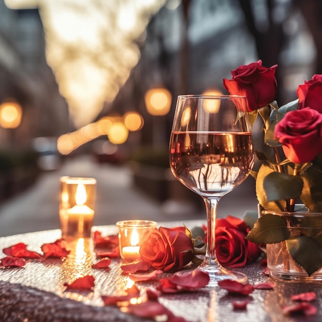 romantisch avondglas wijn en rozen op tafel in caféstraat bij zonsondergang