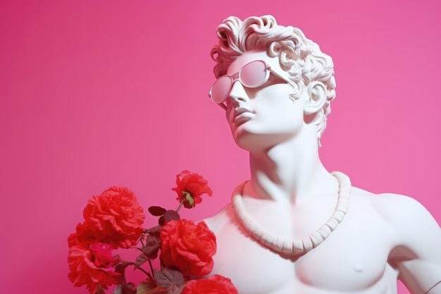 Romantisch beeld van Apollo in roze glazen versierd met bloemen op een roze achtergrond