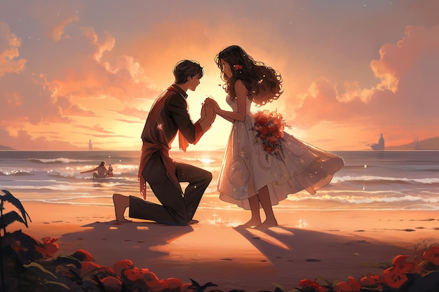 Romantisch cartoonvoorstel Grillige scène van liefde en toewijding