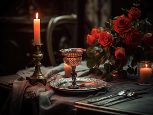 Romantisch diner met bloemen en zilverwerkkaars en rode roos op tafel Generatieve AI