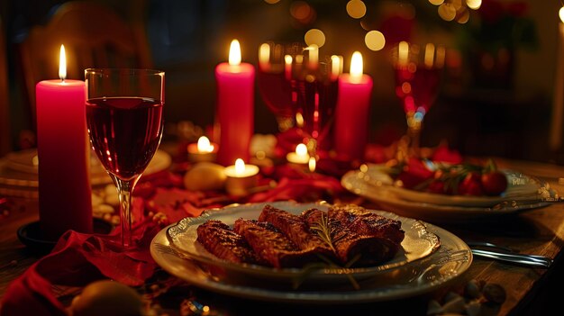 Foto romantisch diner met een glas wijn en een vleesgerecht