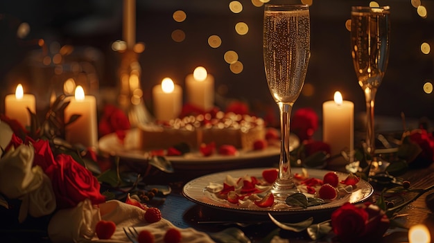 Foto romantisch diner met een glas wijn en een zoete taart achtergrondconcept