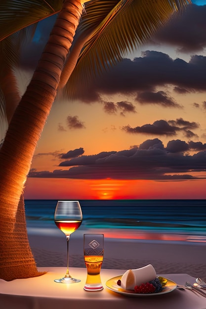 Romantisch diner op het strand Wijndiner met twee glazen huwelijksreis