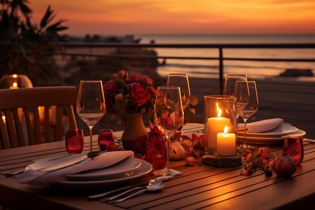 Romantisch diner op het terras met uitzicht op de zee bij zonsondergang