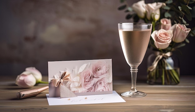 Romantisch en elegant ontwerp met een bloemenillustratie en een accessoire van champagneglas