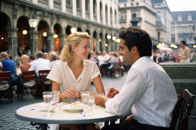 Romantisch interraciaal stel dat een afspraakje heeft in een café buiten blond blank meisje en oosterse man