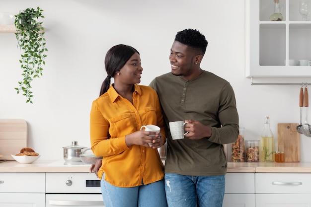 Romantisch jong Afrikaans Amerikaans paar dat samen thee drinkt in de keuken