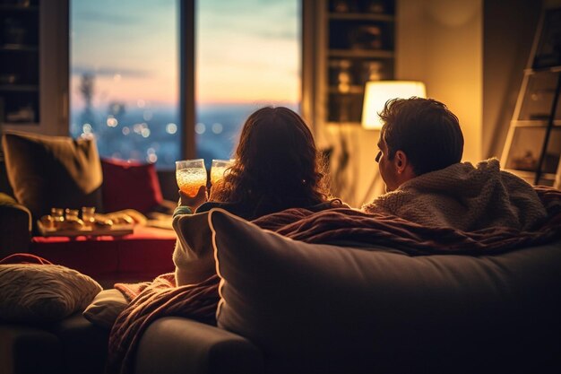Romantisch jong stel dat thuis ontspant en rode wijn drinkt Generatieve AI