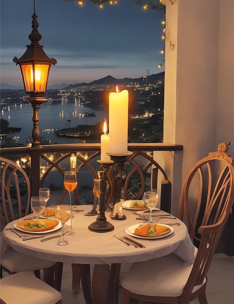 romantisch kaarslicht diner met nachtelijke hemel scea