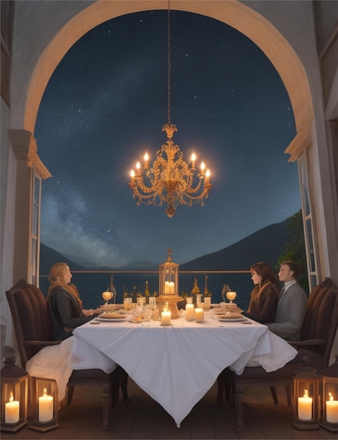 romantisch kaarslicht diner met nachtelijke hemel scean