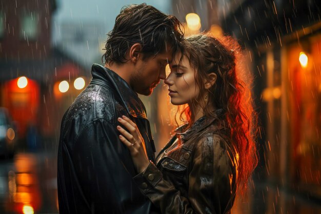 Romantisch koppel knuffelen in de regen.
