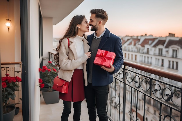 Romantisch koppel met een Valentijnscadeau op het balkon op een afspraakje