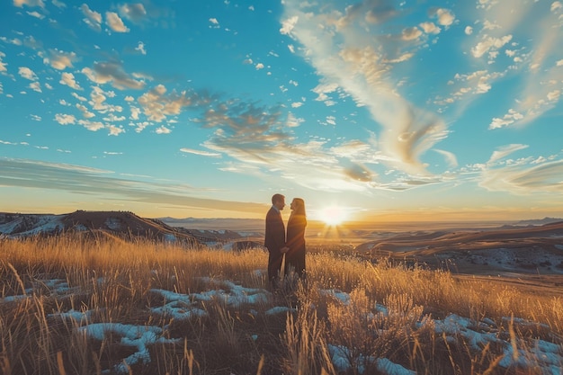 Romantisch koppel omhelst elkaar in een schilderachtig landschap bij zonsondergang met gouden hemel en berglandschap