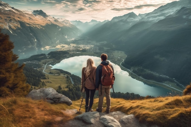 Romantisch koppel op bergtop starend in de vertez Generatieve AI