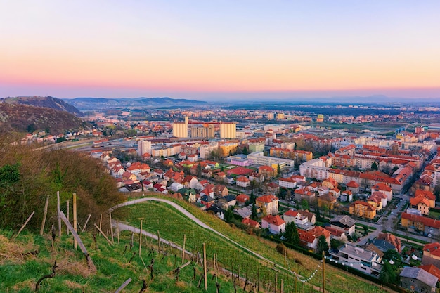 Romantisch landschap en stadsgezicht met wijngaarden in Maribor in Slovenië in Neder-Stiermarken in Europa. Natuur in het voorjaar in Slovenija. Zonsondergang. Vine cesta op Piramida of Pyramid hill