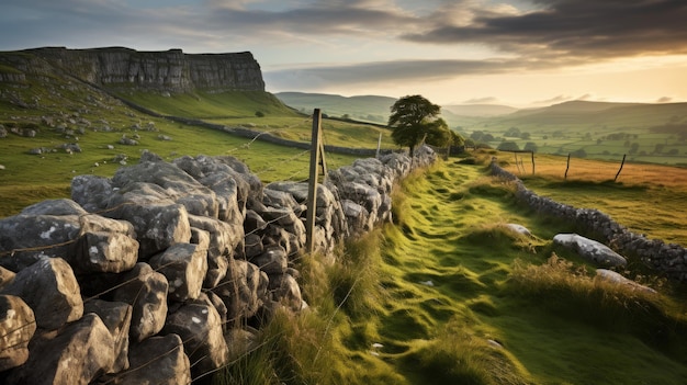 Romantisch landschap van Yorkshire Pearstone Wall bij zonsondergang