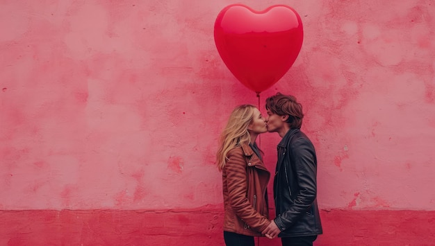 Romantisch liefdesconcept Man en vrouw kussen voor hartvormige ballon en roze muur extreme close-up Generatieve AI